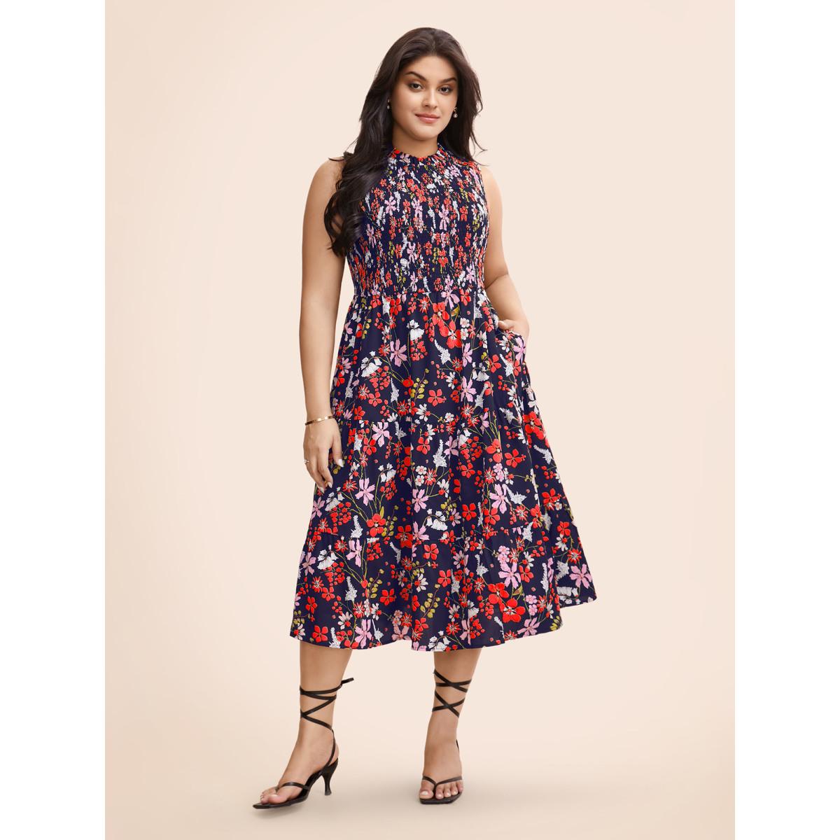Plus Size Floral Shirred Mock Neck Cut Out Pocket Ruffle Hem Dress DarkBlue Women Elegant Frill Trim Mock Neck Sleeveless Curvy Midi Dress BloomChic 28/5X Product Image