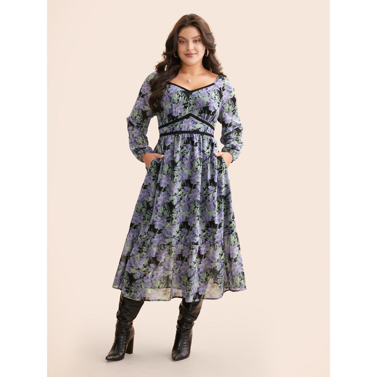 Plus Size Heart Neckline Floral Contrast Webbing Dress BlackFlower Women Elegant Woven ribbon&lace trim Heart neckline Long Sleeve Curvy BloomChic 28/5X Product Image
