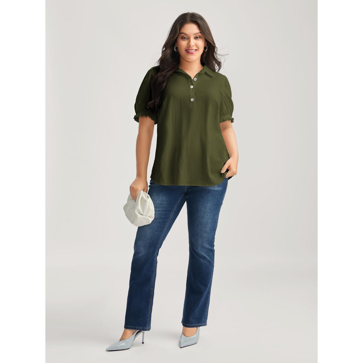 Plus Size Cyan Pure Cotton Ruffled Puffy Sleeve Blouse Women Office Short sleeve Shirt collar Office Blouses BloomChic 14-16/1X Product Image