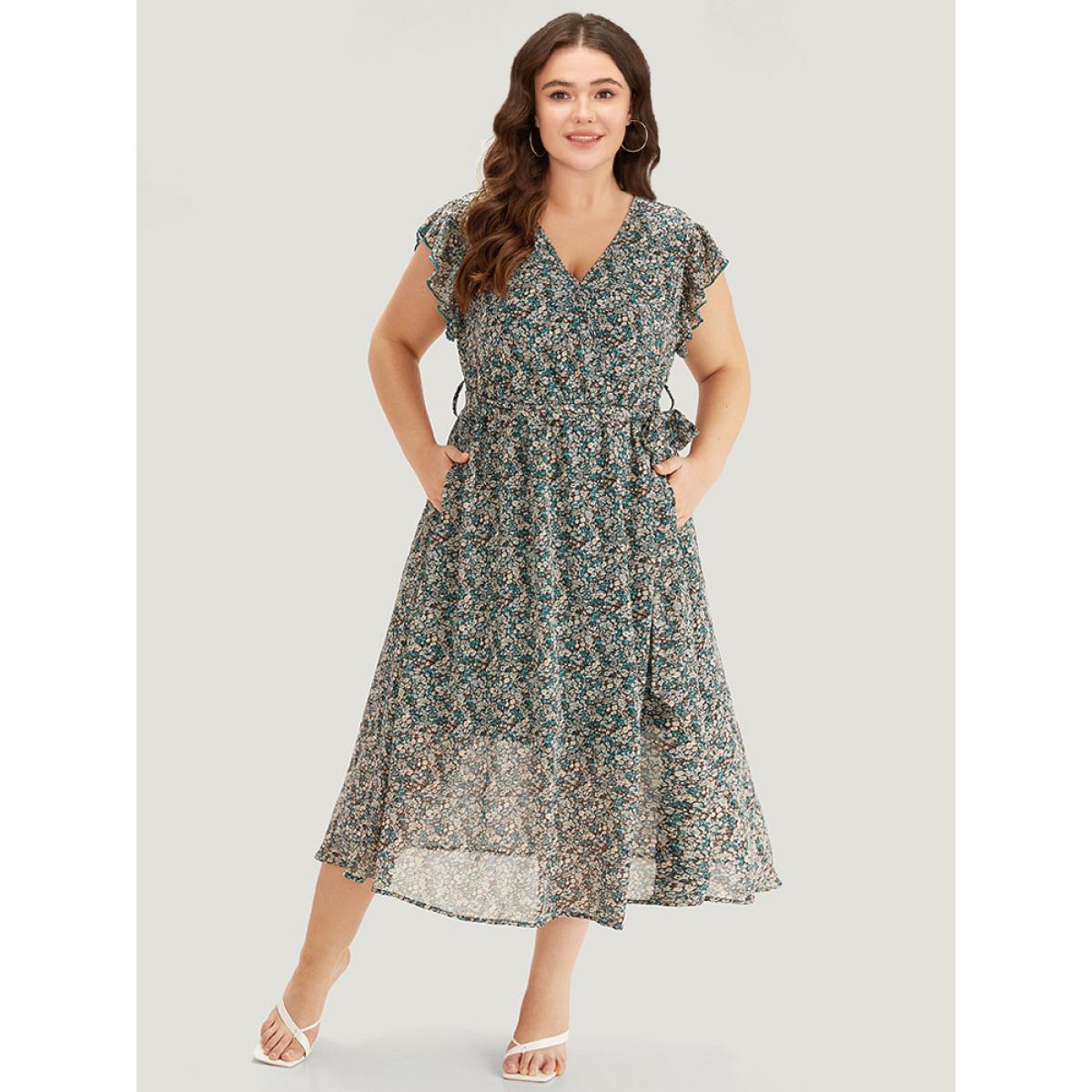 Plus Size Ditsy Floral Surplice Neck Belted Flutter Sleeve Dress Cyan Women Elegant Wrap V-neck Sleeveless Curvy Midi Dress BloomChic 28/5X Product Image