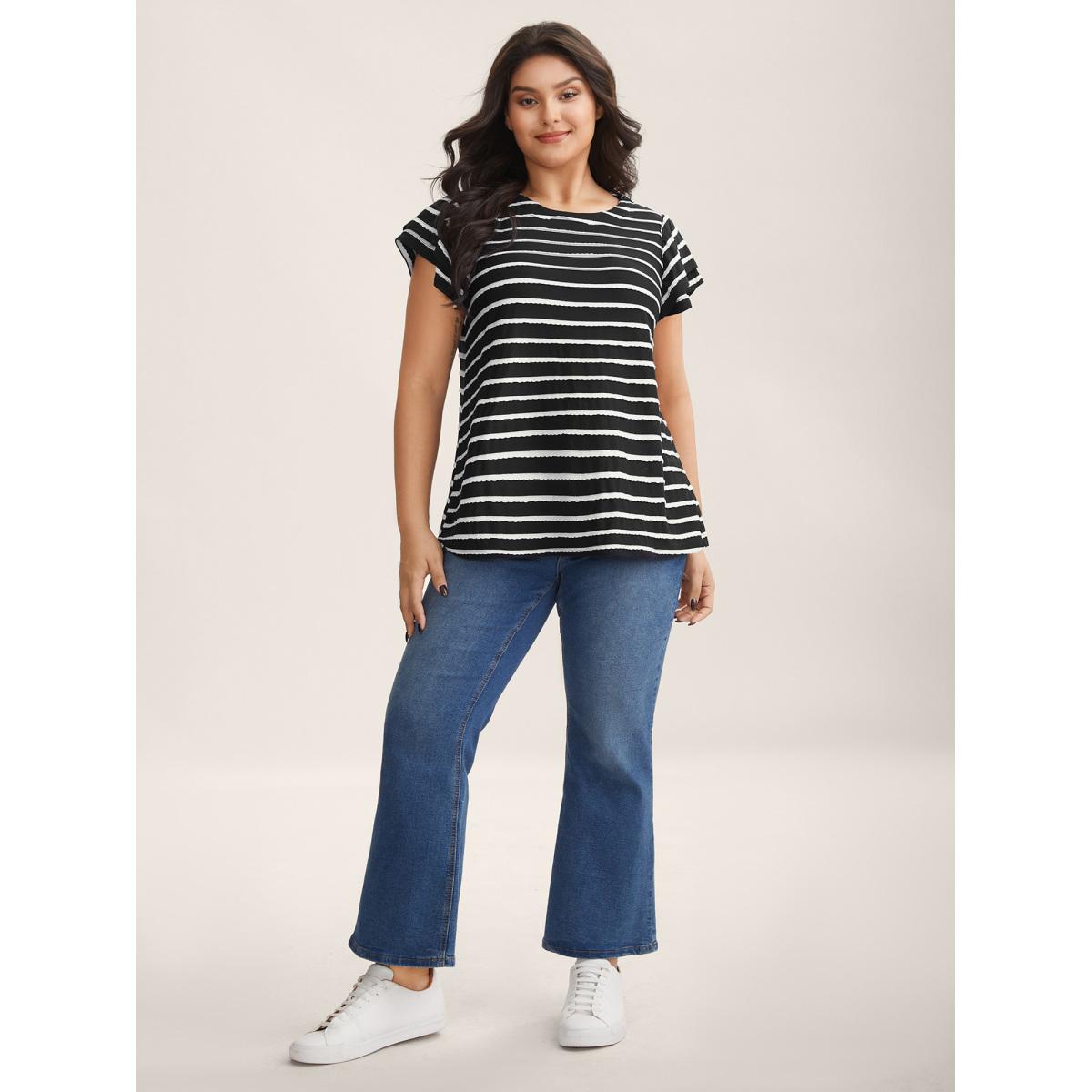 Plus Size Stripe Textured Lotus Leaf Sleeve T-Shirt Black Women Texture Round Neck Everyday-Casual T-shirts BloomChic 22-24/3X Product Image