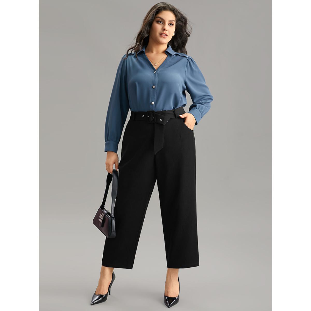 Plus Size Static-Free Buckle Detail Eyelet Pants Women Black Office High Rise Office Pants BloomChic 12/L Product Image