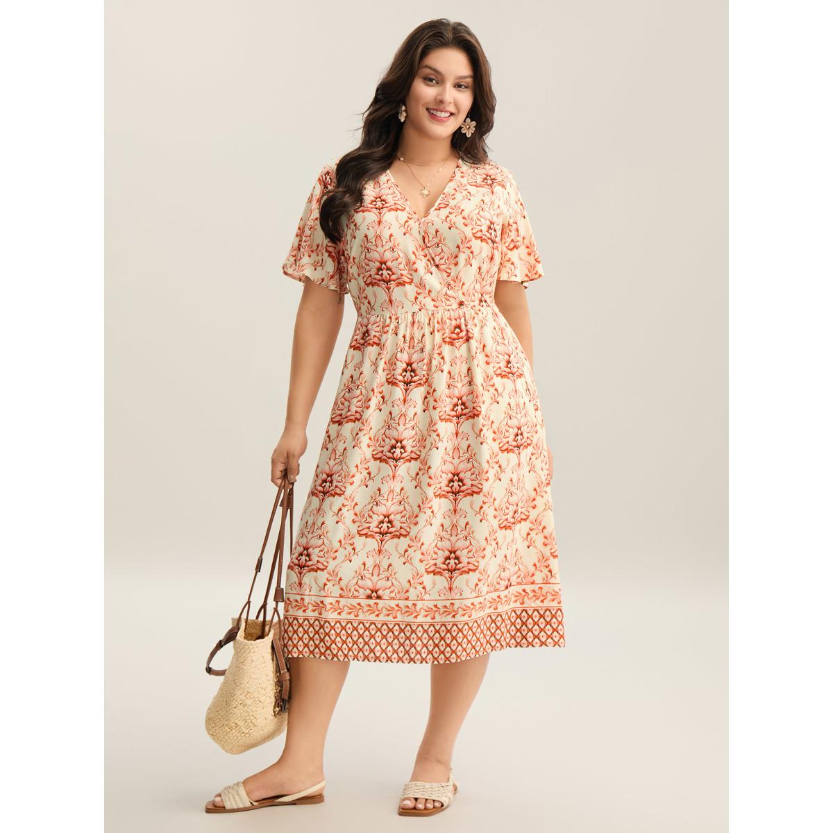 Plus Size Boho Floral Print Pockets Midi Dress Brightorange Women Overlap Collar Short sleeve Curvy BloomChic 22-24/3X Product Image