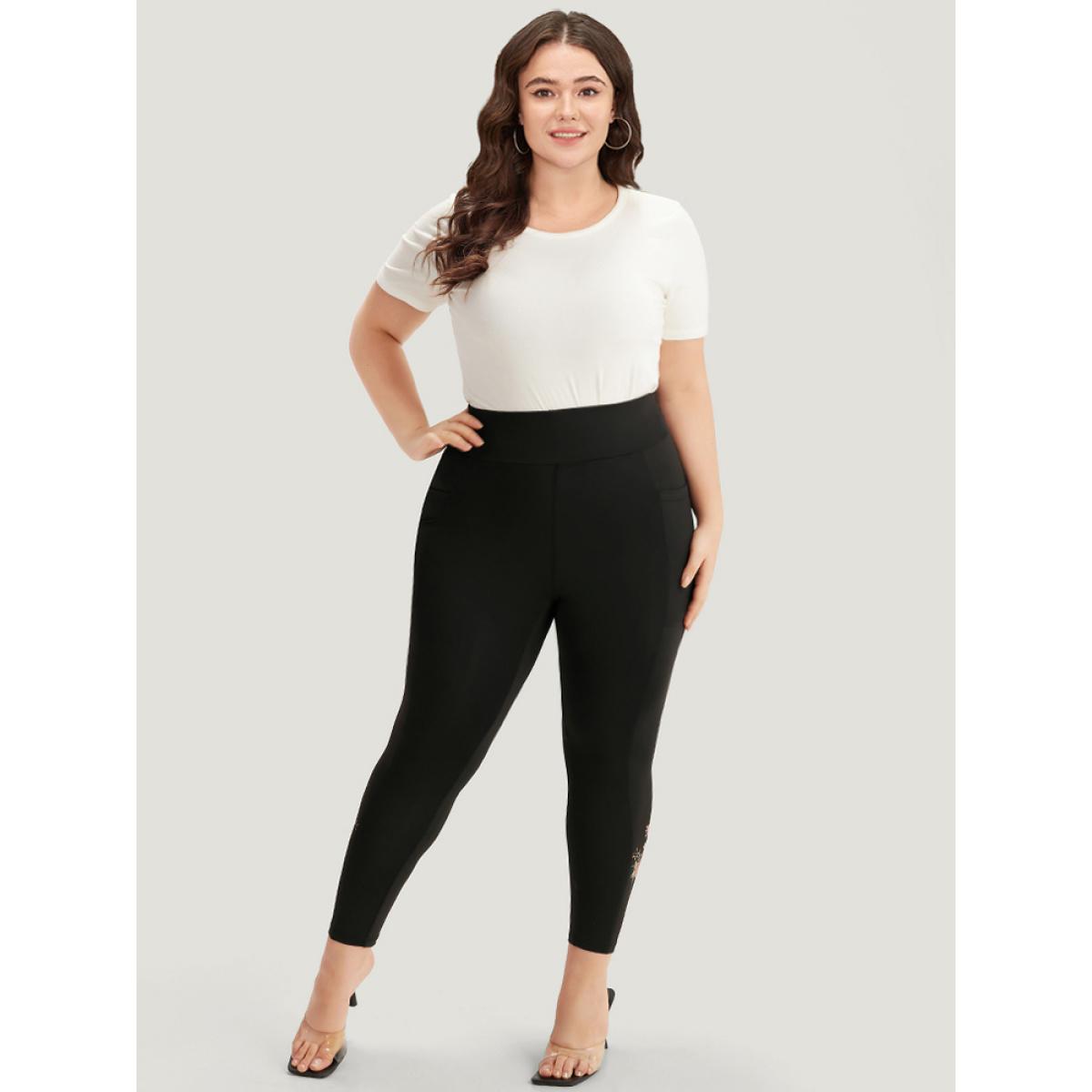 Plus Size Plain Pocket Wideband Waist Floral Print Leggings Women Black Elegant High stretch Skinny High Rise Dailywear Leggings BloomChic 14-16/1X Product Image