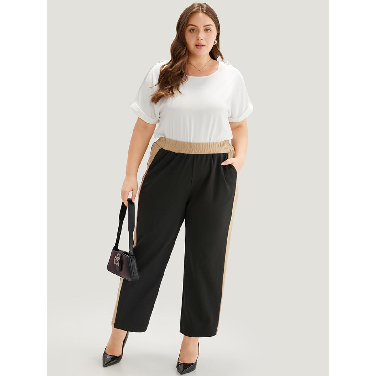 Plus Size Two Tone Elastic Waist Pocket Pants Women Black Office High Rise Office Pants BloomChic 30/6X Product Image