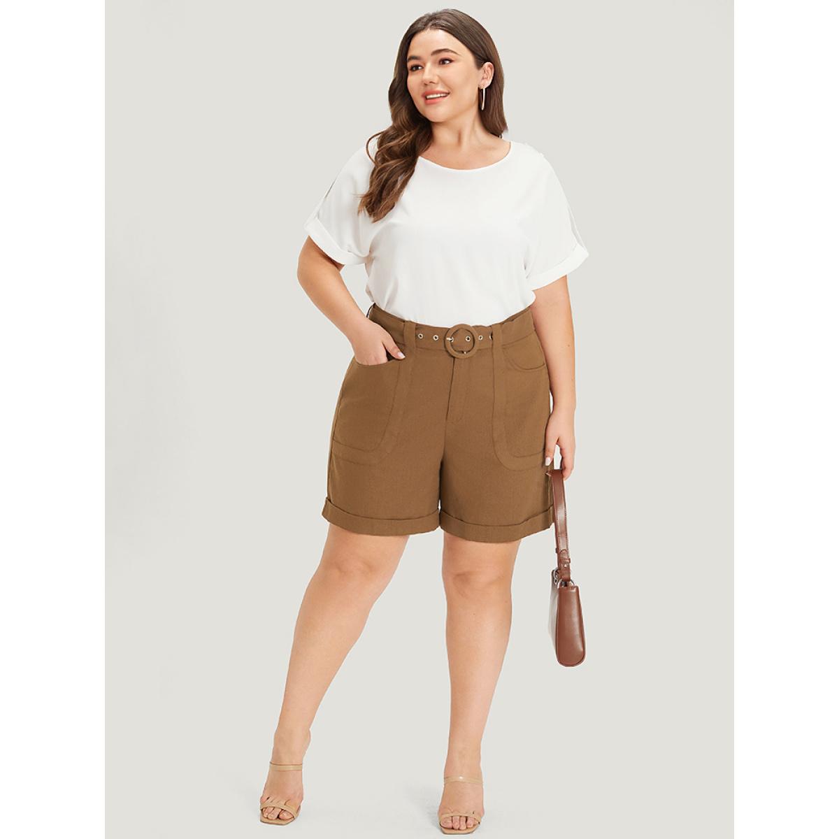 Plus Size Solid Pocket Belted Roll Hem High Rise Shorts Women DarkBrown Office Belted Office Shorts BloomChic 22-24/3X Product Image