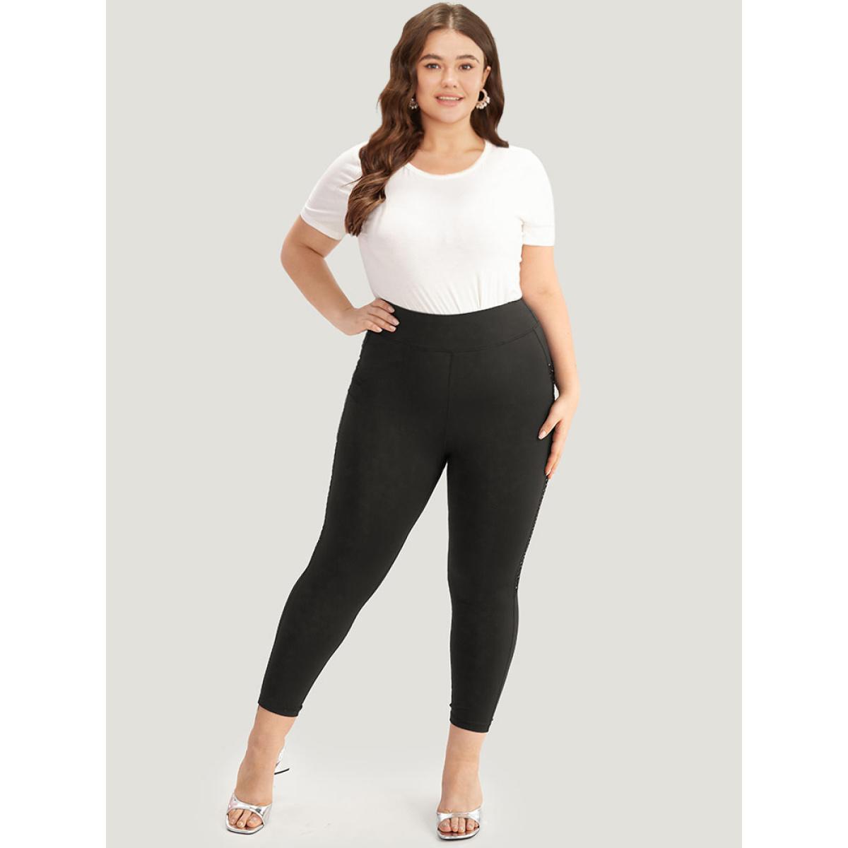 Plus Size Patchwork Glitter Pocket Leggings Women Black Elegant High stretch Skinny High Rise Dailywear Leggings BloomChic 12/L Product Image