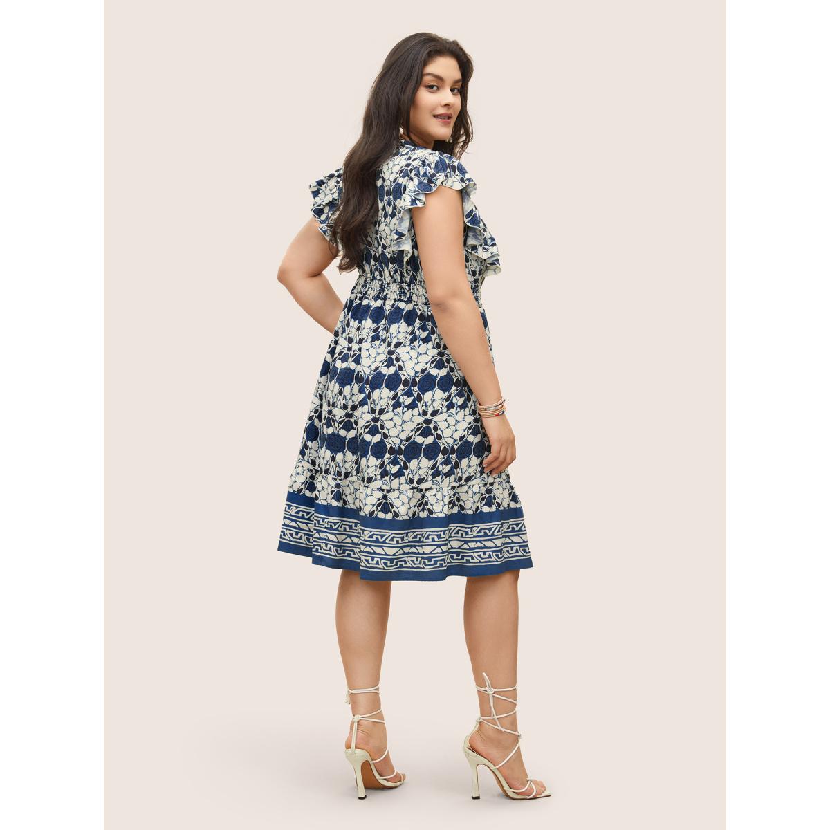Plus Size Boho Print Ruffles Shirred Pocket Elastic Waist Dress DarkBlue Women Resort Non Notched collar Cap Sleeve Curvy Midi Dress BloomChic 10/M Product Image