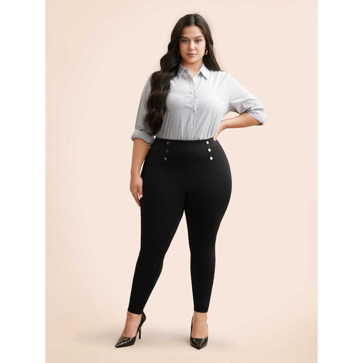 Plus Size High Rise Button Detail Stretchy Pants Women Black Workwear Essentials Skinny High Rise Office Pants BloomChic 12/L Product Image