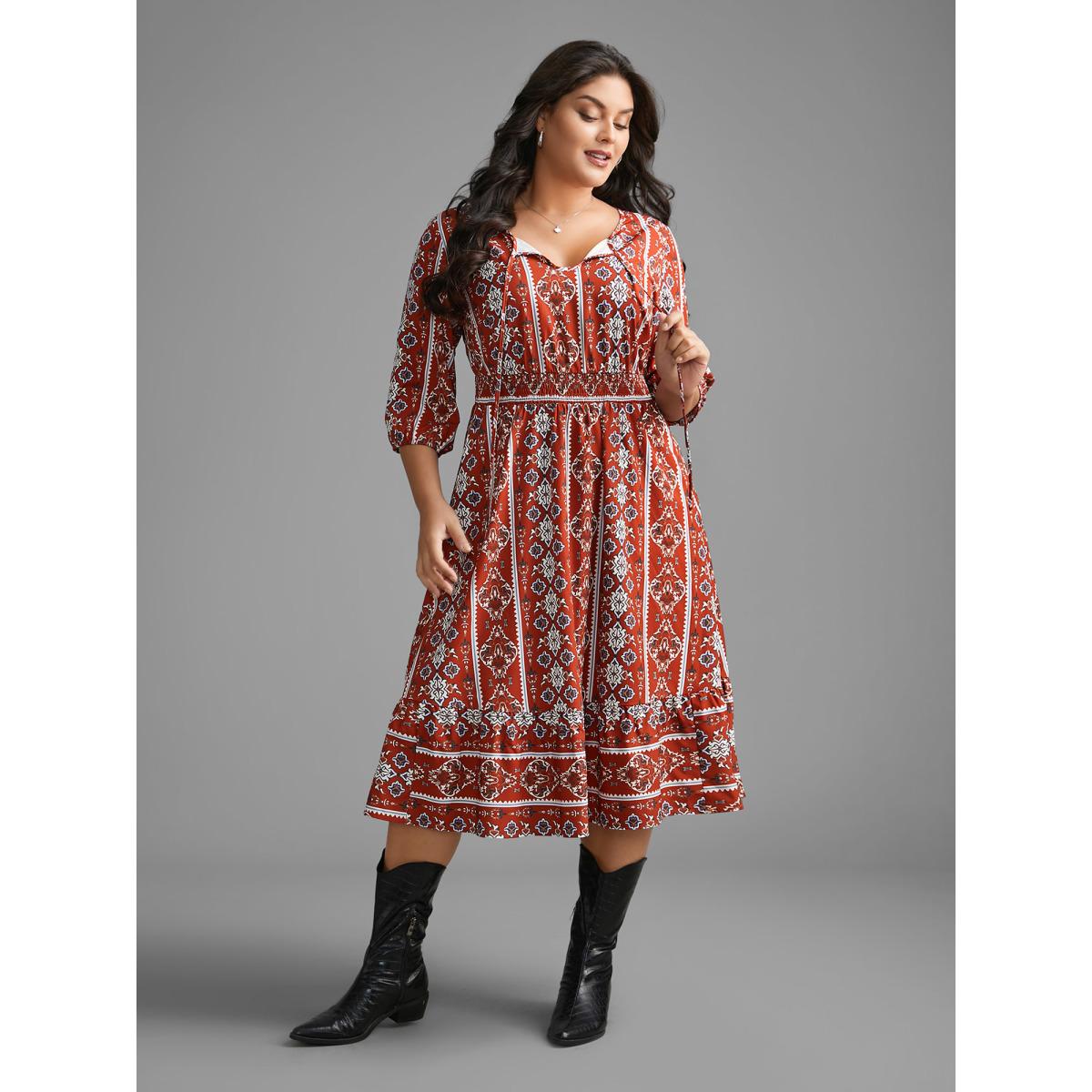 Plus Size Boho Print Shirred Tie Knot Midi Dress Russet Women Resort Tie knot V-neck Elbow-length sleeve Curvy BloomChic 30/6X Product Image