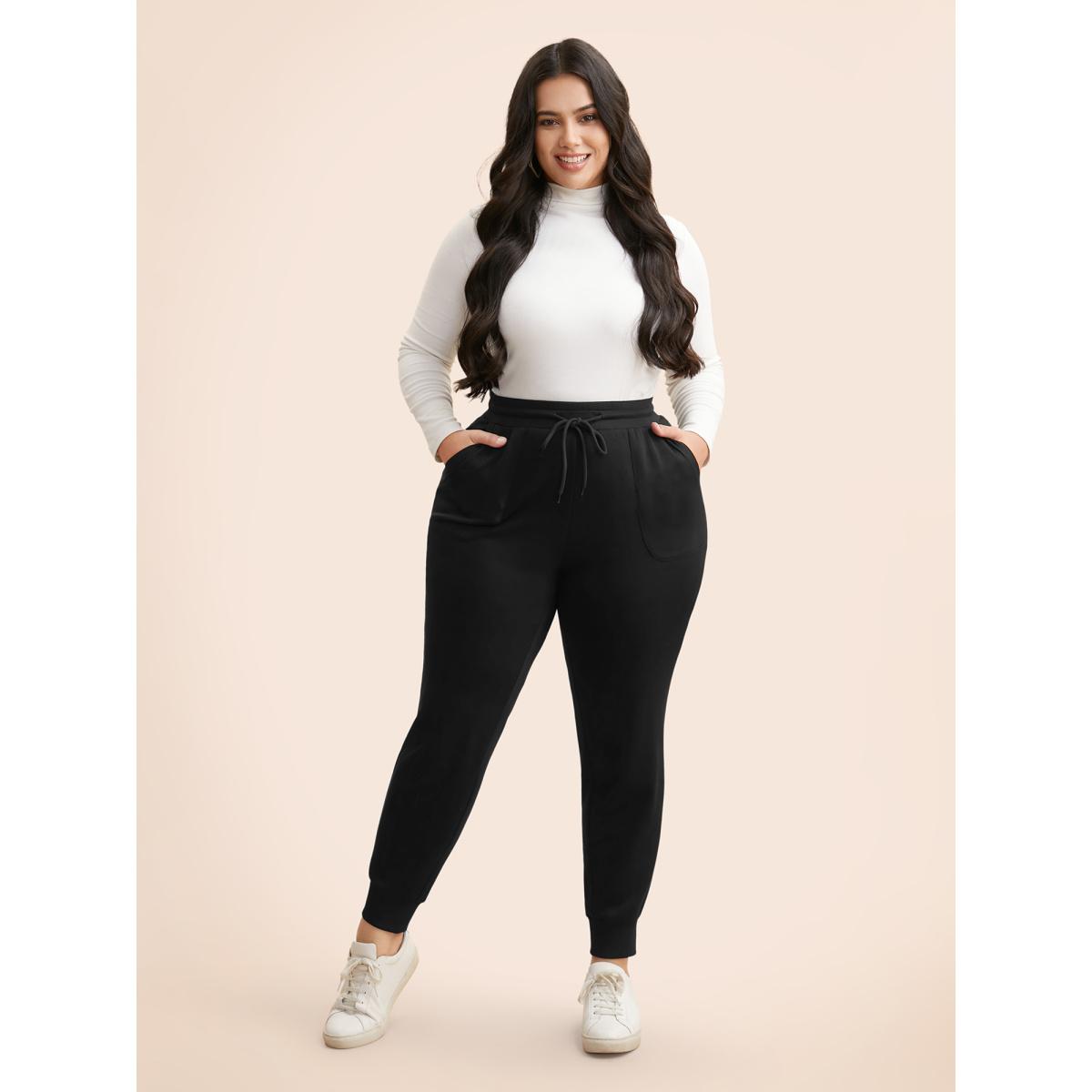 Plus Size Plain Drawstring Medium Stretch Pants Women Black Casual Mid Rise Everyday Pants BloomChic 18-20/2X Product Image