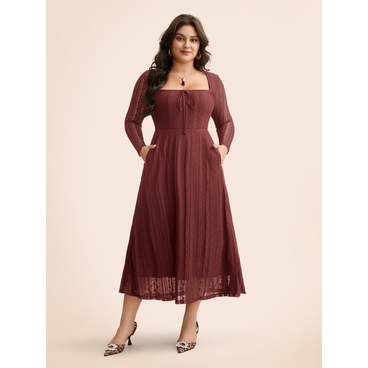 Plus Size Lace Panel Square Neck Tie Knot Dress Burgundy Women Elegant Tie knot Square Neck Long Sleeve Curvy BloomChic 14-16/1X Product Image