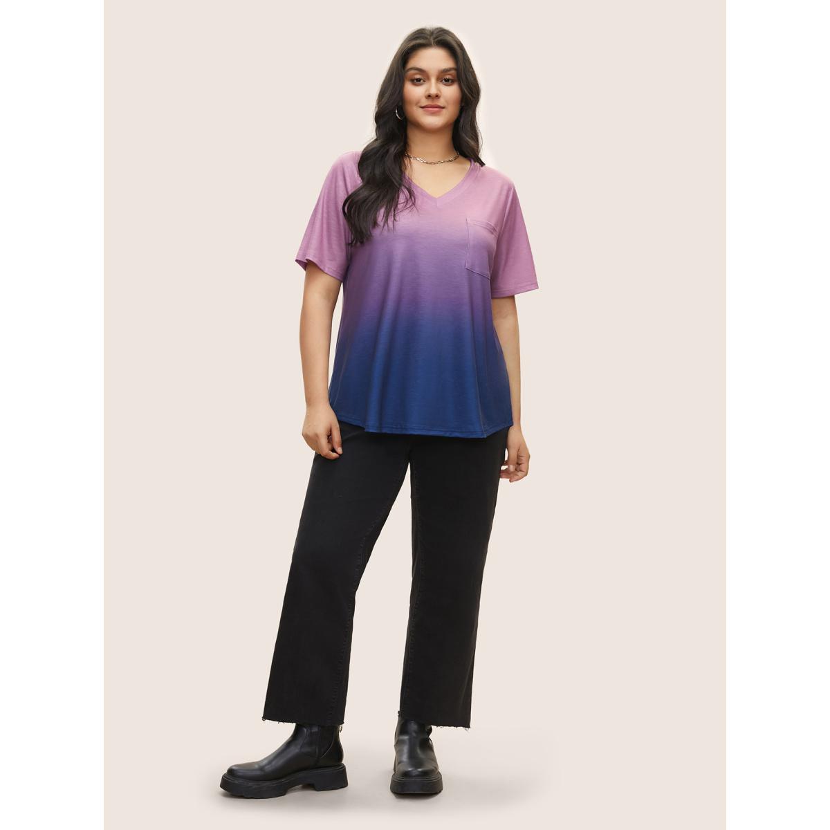 Plus Size Ombre Contrast Patched Pocket T-shirt Multicolor Women Leisure Non Ombre V-neck Casual T-shirts BloomChic 28/5X Product Image