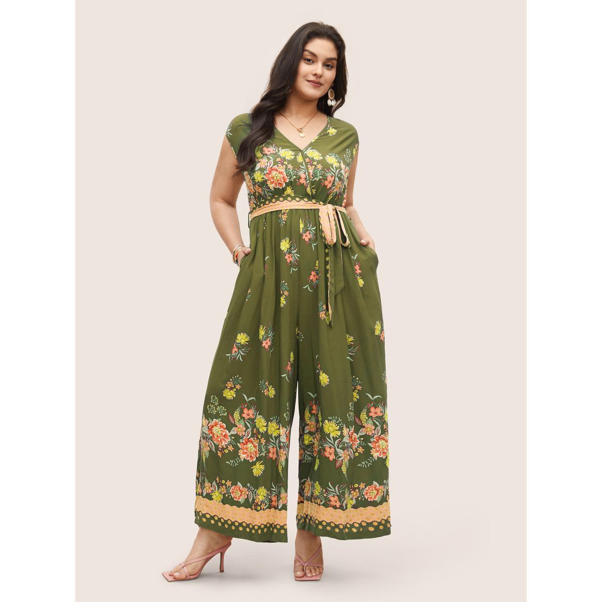Plus Size Sage Boho Print Overlap Collar Belted Sleeveless Jumpsuit Women Resort Cap Sleeve V-neck Vacation Loose Jumpsuits BloomChic 18-20/2X Product Image