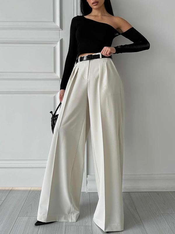 High Waisted Loose Pleated Solid Color Split-Joint Suit Pants Trousers Product Image