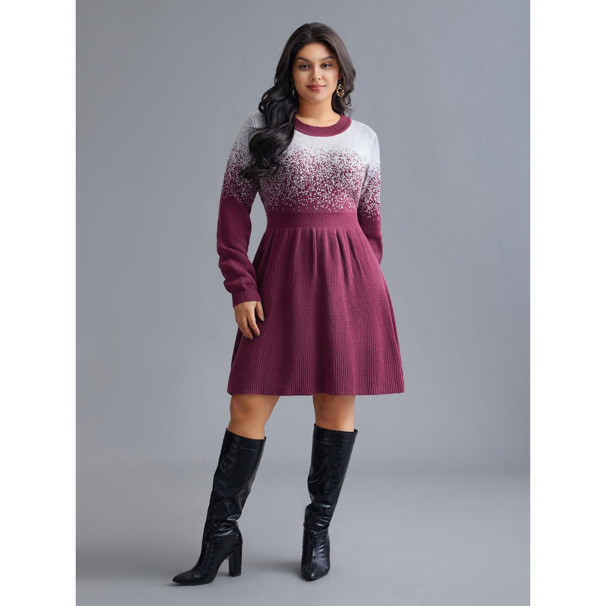 Plus Size Contrast Textured Elastic Waist Sweater Dress Plum Women Elegant Bodycon Long Sleeve Everyday Sweater Dresses BloomChic 14-16/1X Product Image
