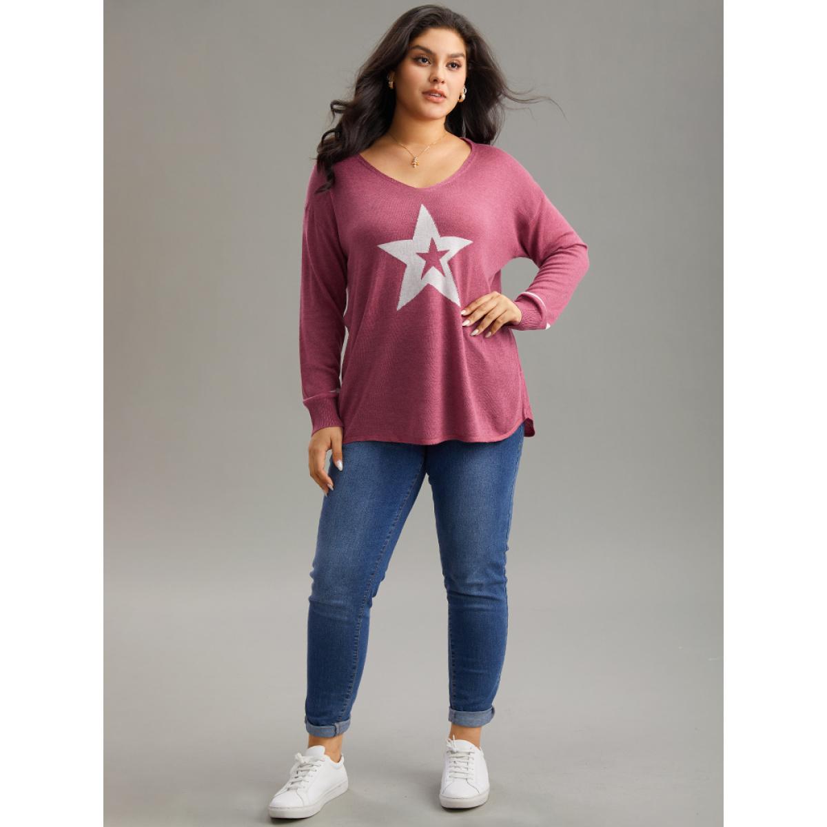 Plus Size Supersoft Essentials Star V Neck Pullover Rust Women Casual Long Sleeve V-neck Dailywear Pullovers BloomChic 28/5X Product Image