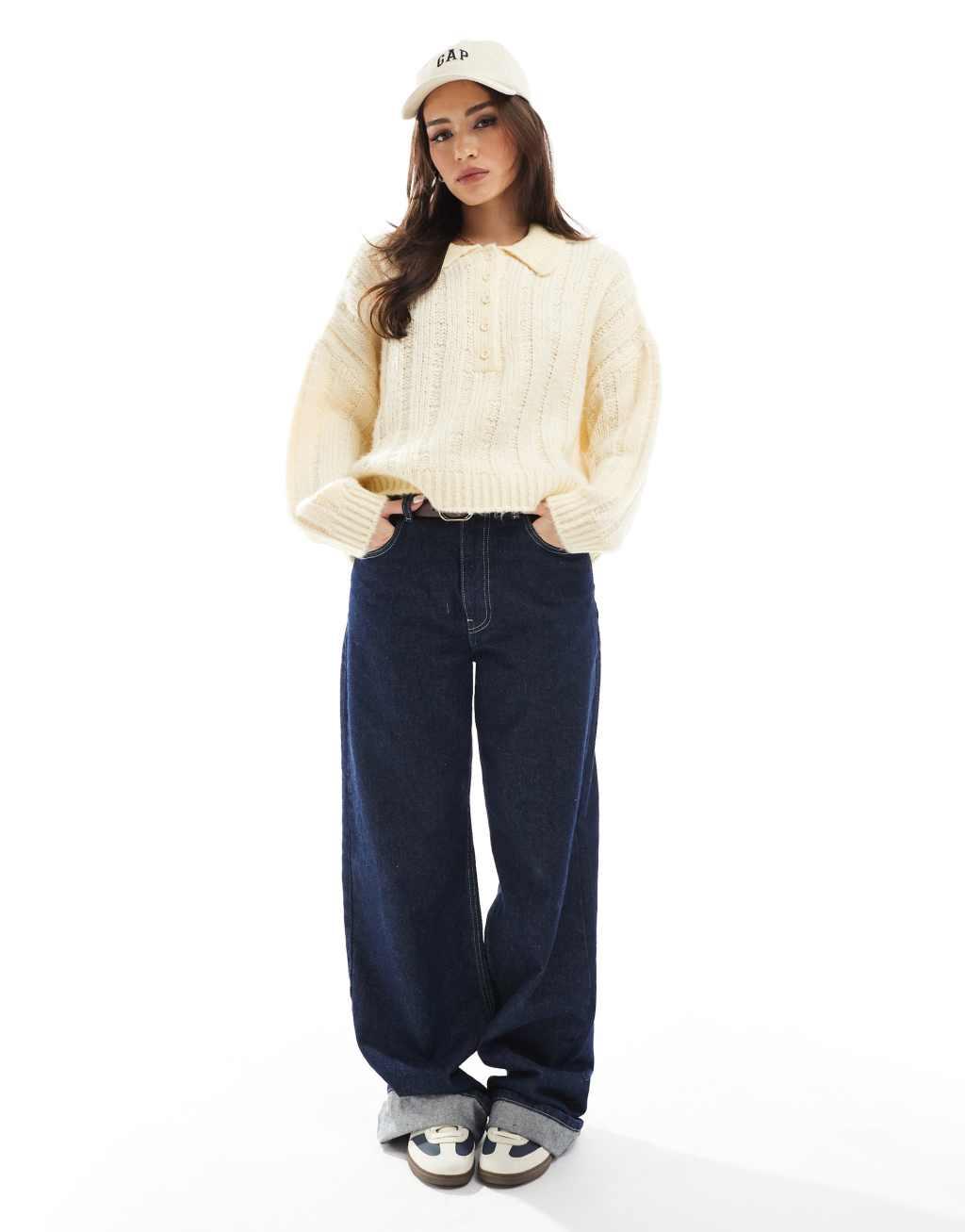 ASOS DESIGN knitted stitch polo shirt in buttermilk Product Image