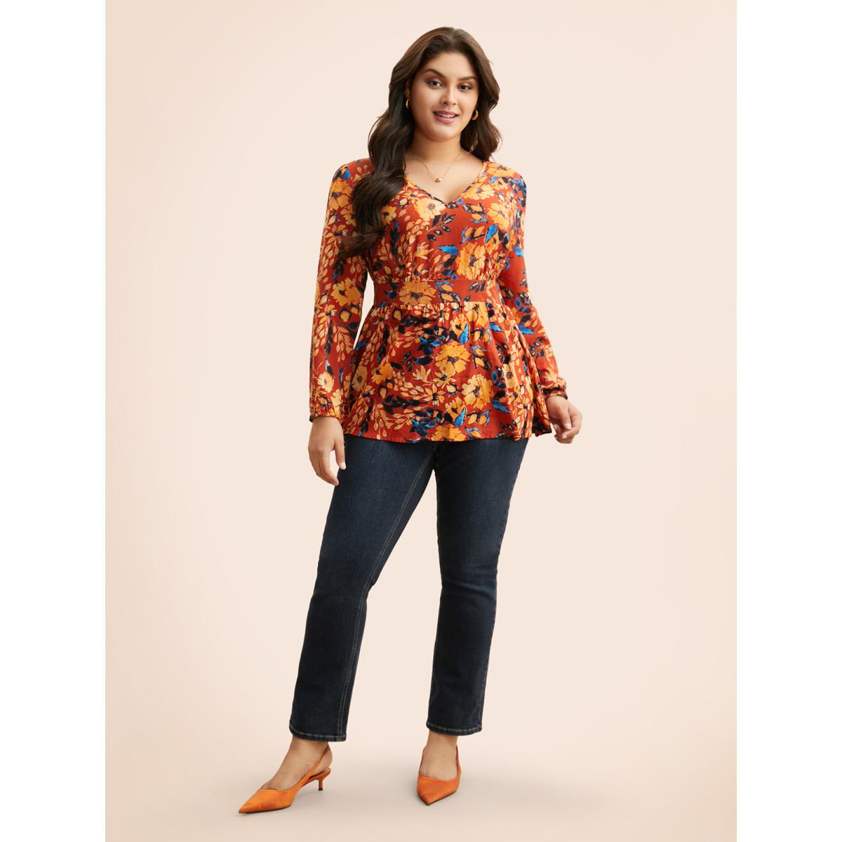 Plus Size Multicolor Floral Shirred Gathered Lantern Sleeve Blouse Women Elegant Long Sleeve V-neck Everyday Blouses BloomChic 22-24/3X Product Image