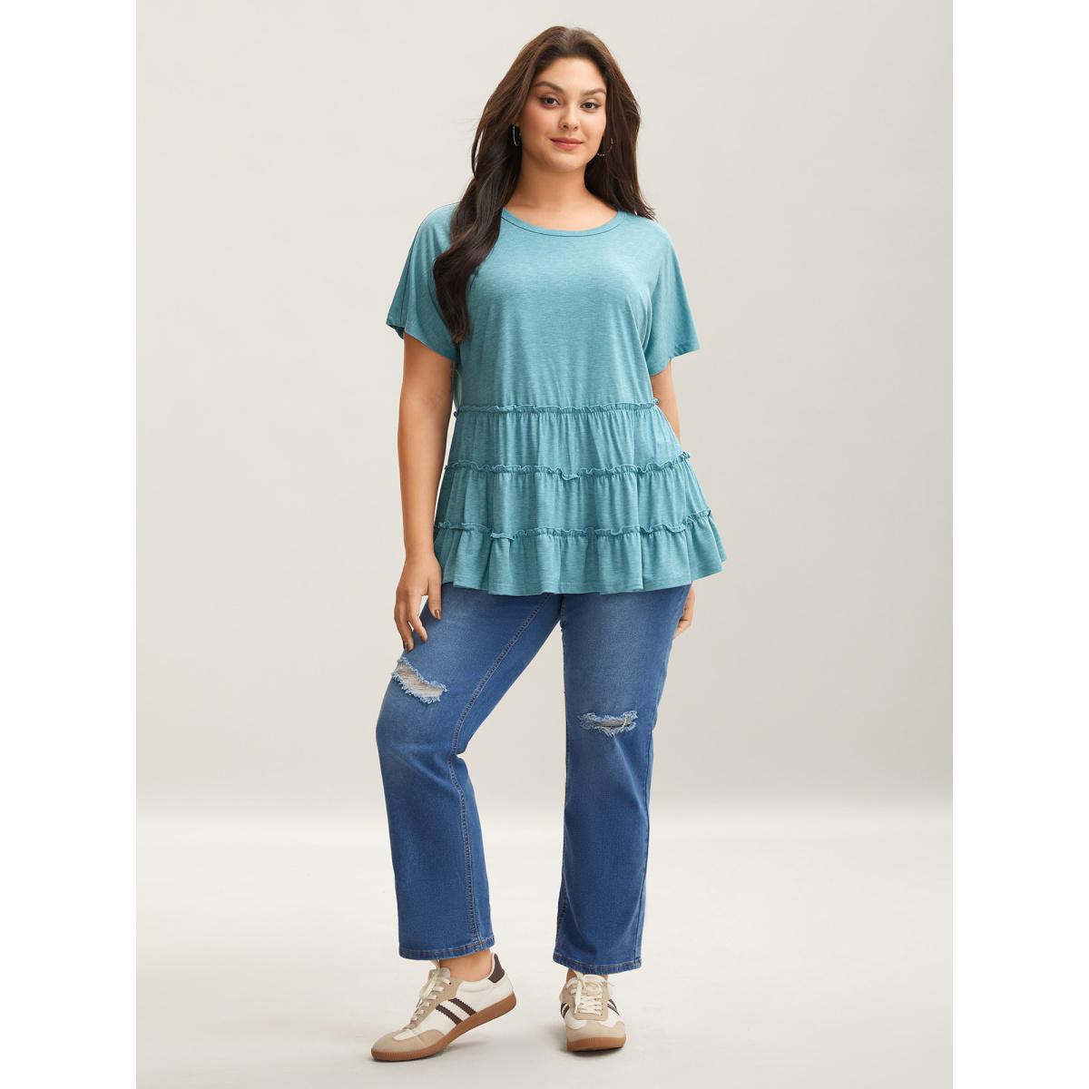 Plus Size Tiered Petal Trim Crew Neck T-Shirt Stone Women Leisure Gathered Round Neck Casual T-shirts BloomChic 18-20/2X Product Image