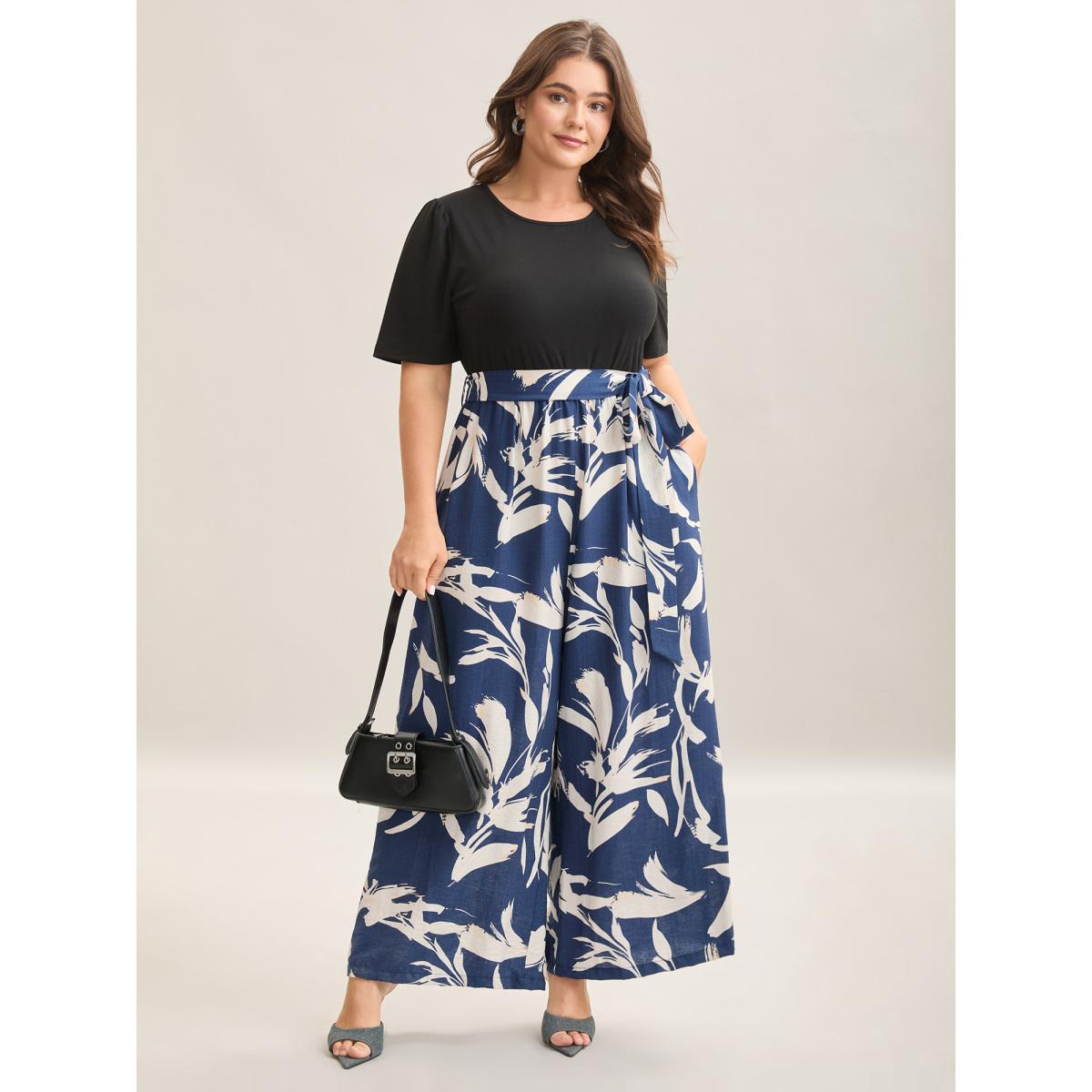 Plus Size Black Feather Print Contrast Pockets Belted Jumpsuit Women Short sleeve Round Neck Work Loose Jumpsuits BloomChic 14-16/1X Product Image