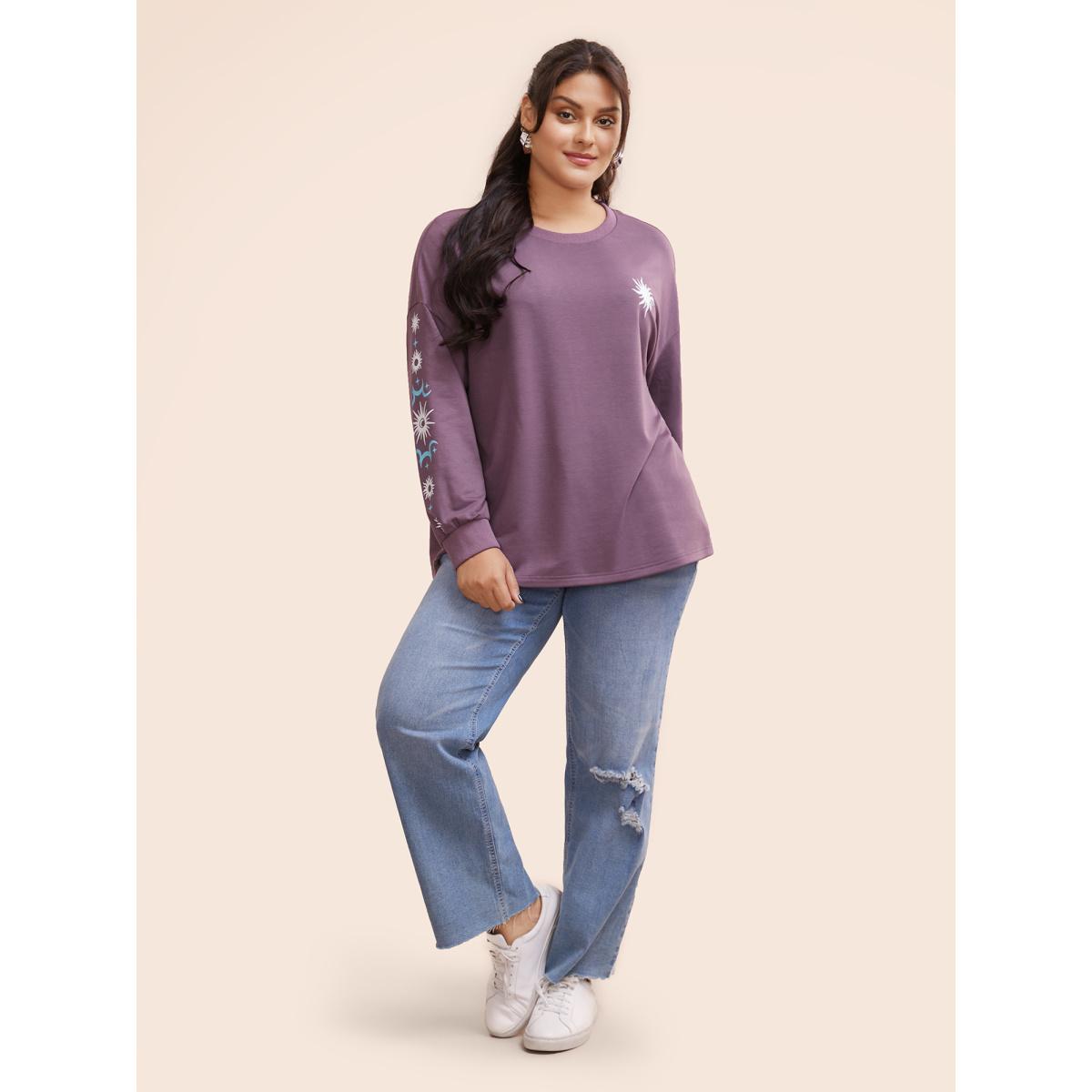 Plus Size Moon & Star Drop Shoulder Sweatshirt Women Mauve Casual Patchwork Round Neck Everyday Sweatshirts BloomChic 14-16/1X Product Image