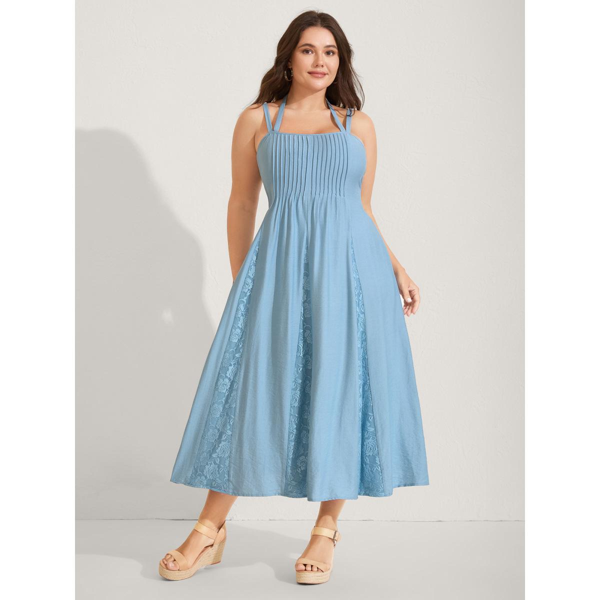 Plus Size Lace Spliced Pleated Solid Midi Dress LightBlue Women Square Neck Sleeveless Curvy BloomChic 22-24/3X Product Image