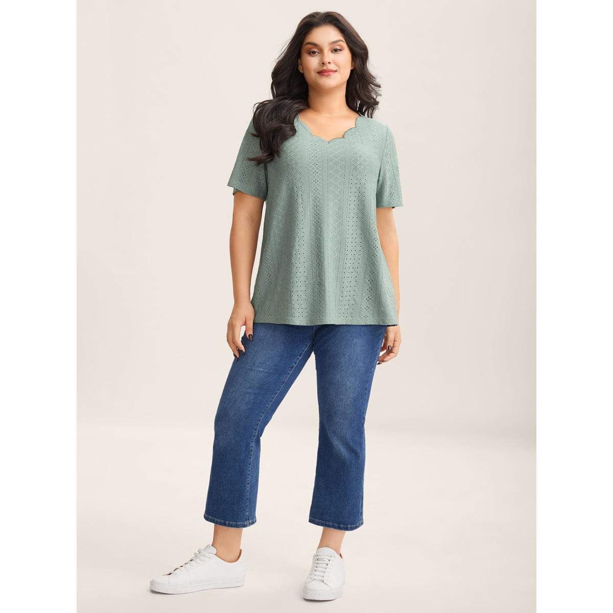 Plus Size Eyelet Trim Scalloped Neck Stretchy T-Shirt Greenbean Women Leisure Texture V-neck Casual T-shirts BloomChic 18-20/2X Product Image