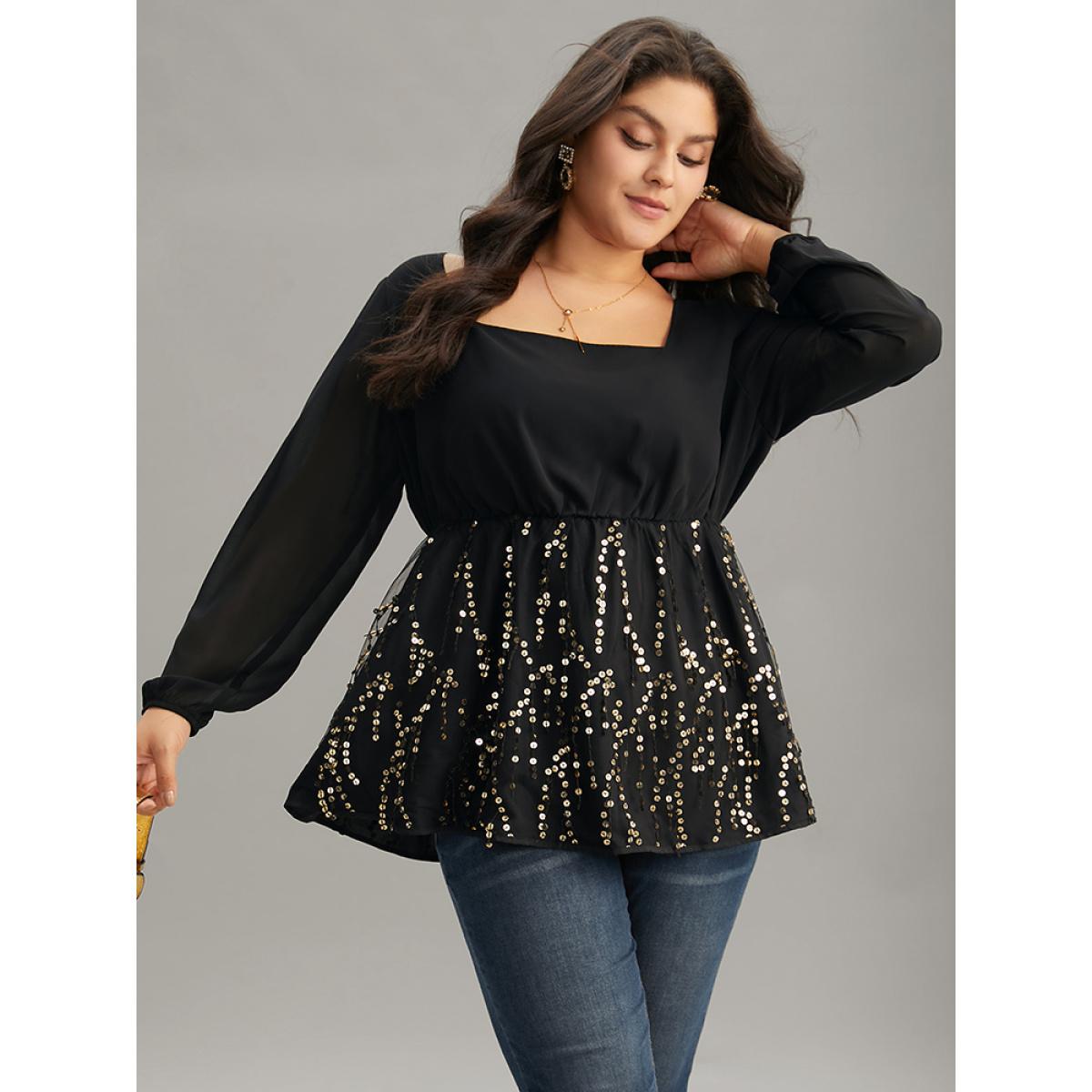 Plus Size Black Sequin Mesh Patchwork Square Neck Blouse Women Glamour Long Sleeve Square Neck Going out Blouses BloomChic 10/M Product Image