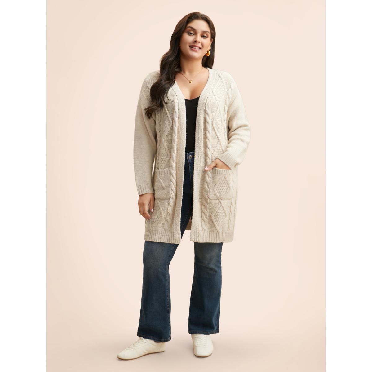 Plus Size Cable Knit Drop Shoulder Pocket Cardigan WhiteSmoke Women Casual Loose Sleeveless Everyday Cardigans BloomChic 26/4X Product Image