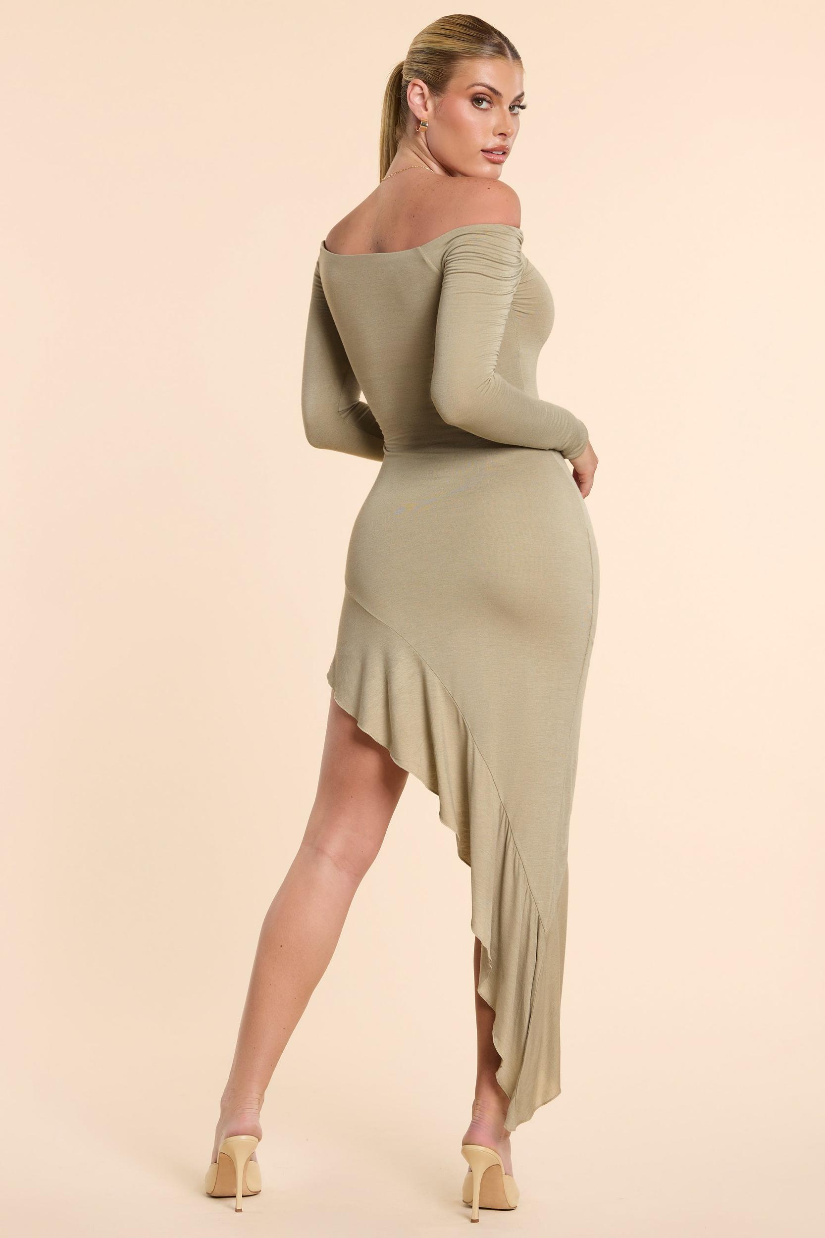 Long Sleeve Off-The-Shoulder Modal Cashmere Blend Maxi Dress in Taupe Product Image