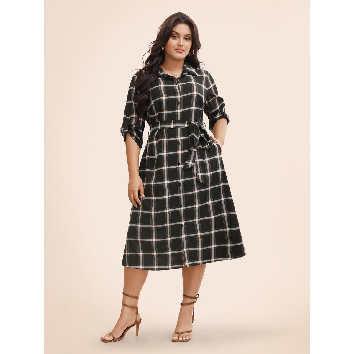 Plus Size Plaid Shirt Collar Belted Tab Sleeve Dress Black Women Elegant Belted Shirt collar Elbow-length sleeve Curvy BloomChic 28/5X Product Image