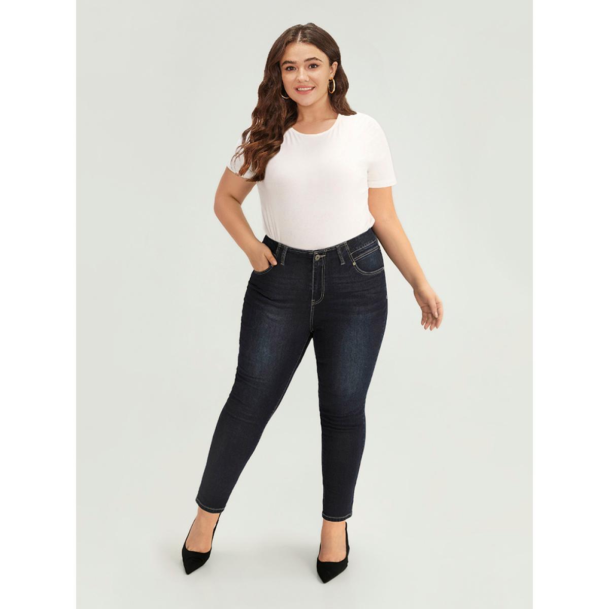 Plus Size Solid Stitch Very Stretchy Patchwork Waist Jeans Women Midnight Casual Plain Plain High stretch Pocket Jeans BloomChic 12/L Product Image