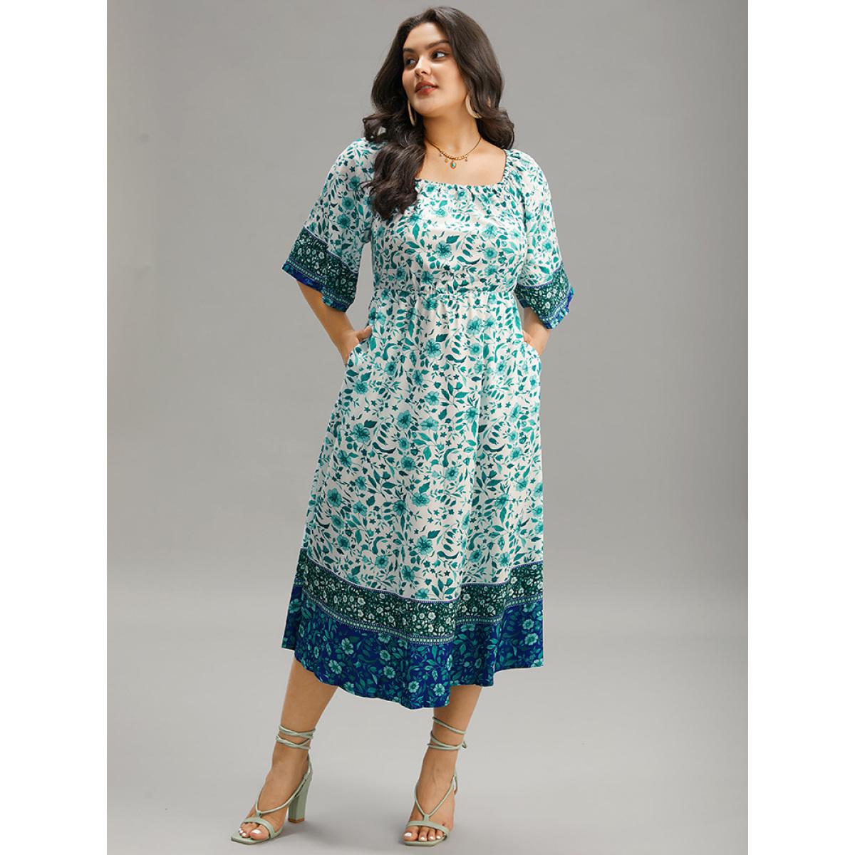Plus Size Floral Print Patchwork Square Neck Raglan Sleeve Dress Emerald Women Vacation Gathered Square Neck Half Sleeve Curvy Midi Dress BloomChic 30/6X Product Image