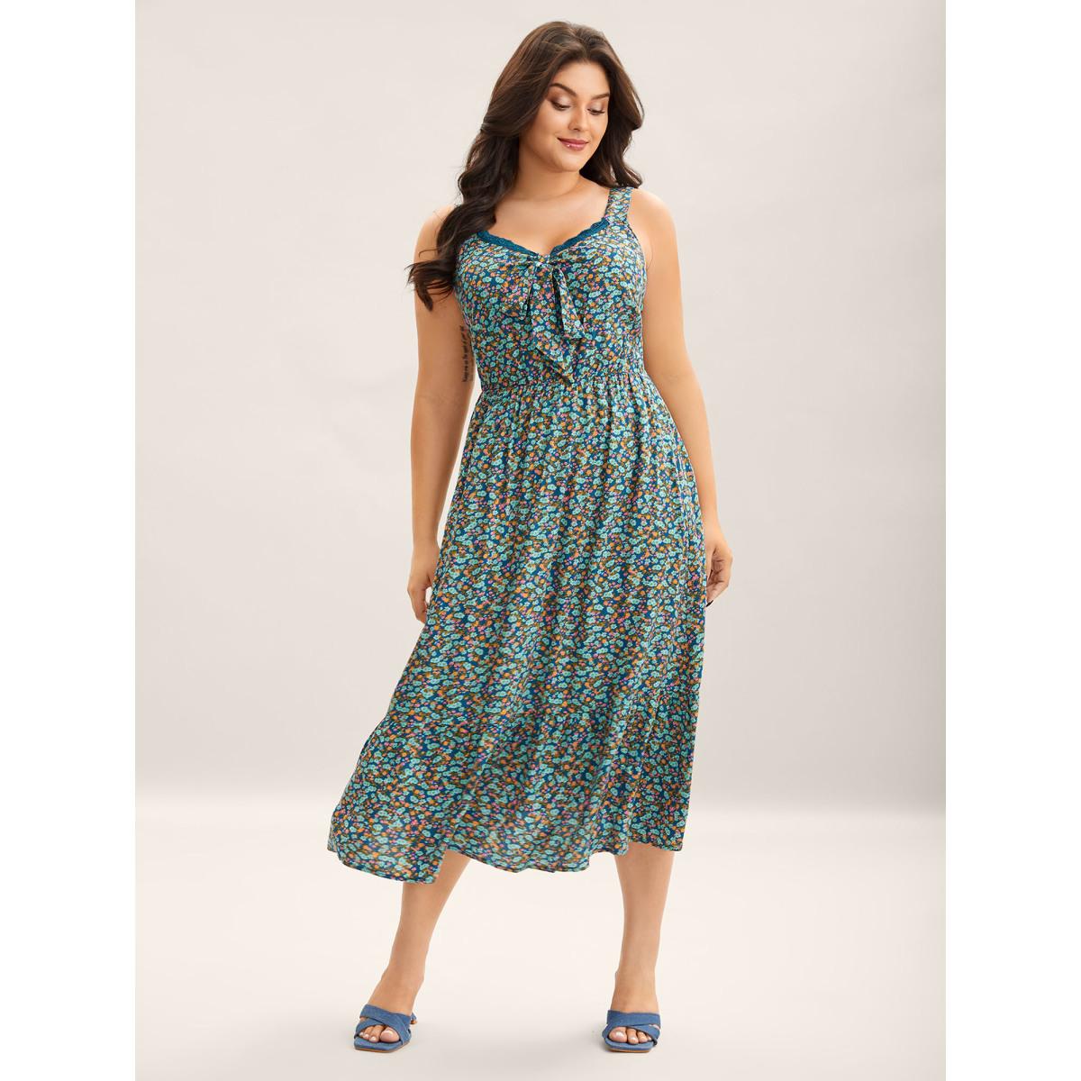 Plus Size Ditsy Floral Print Neck Ribbon Midi Dress Aegean Women Heart neckline Sleeveless Curvy BloomChic 28/5X Product Image