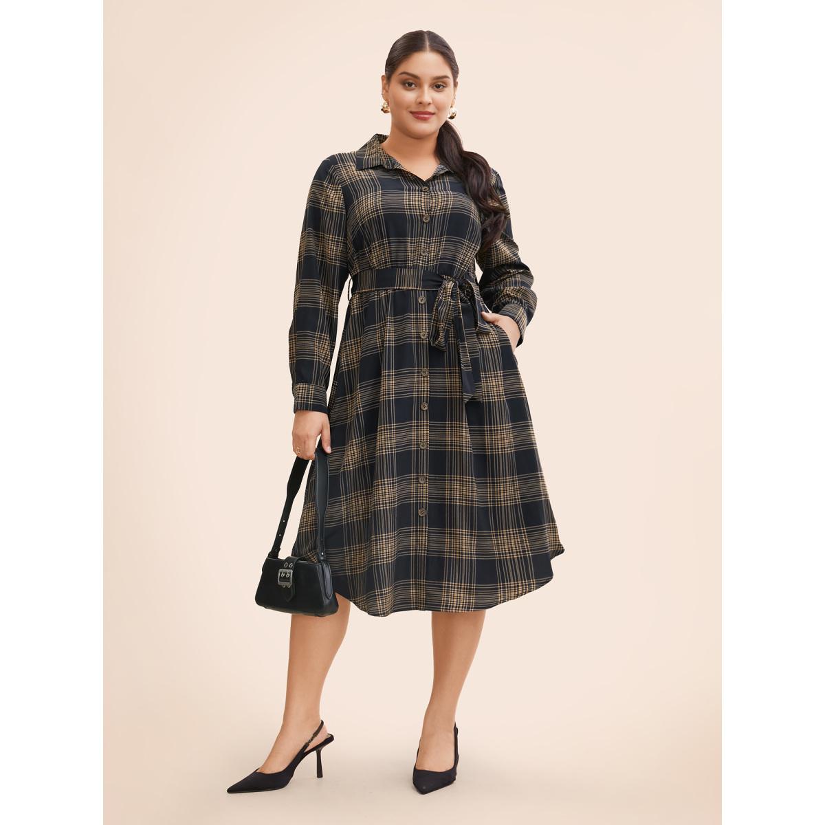Plus Size Plaid Shirt Collar Belted Midi Dress Indigo Women At the Office Belted Shirt collar Long Sleeve Curvy BloomChic 28/5X Product Image