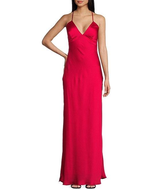 B. Darlin Bubble Satin V-Neck Spaghetti Strap Criss Cross Back Long Dress Product Image