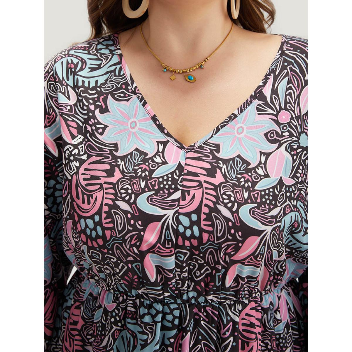 Plus Size Floral Print Lantern Sleeve Elastic Waist Dress Multicolor Women Vacation Elastic cuffs V-neck Elbow-length sleeve Curvy Midi Dress BloomChic 12/L Product Image