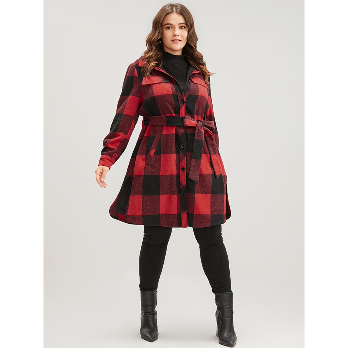 Plus Size Plaid Pocket Button Up Belted Coat Women Red Elegant Cross straps Ladies Dailywear Winter Coats BloomChic 26/4X Product Image