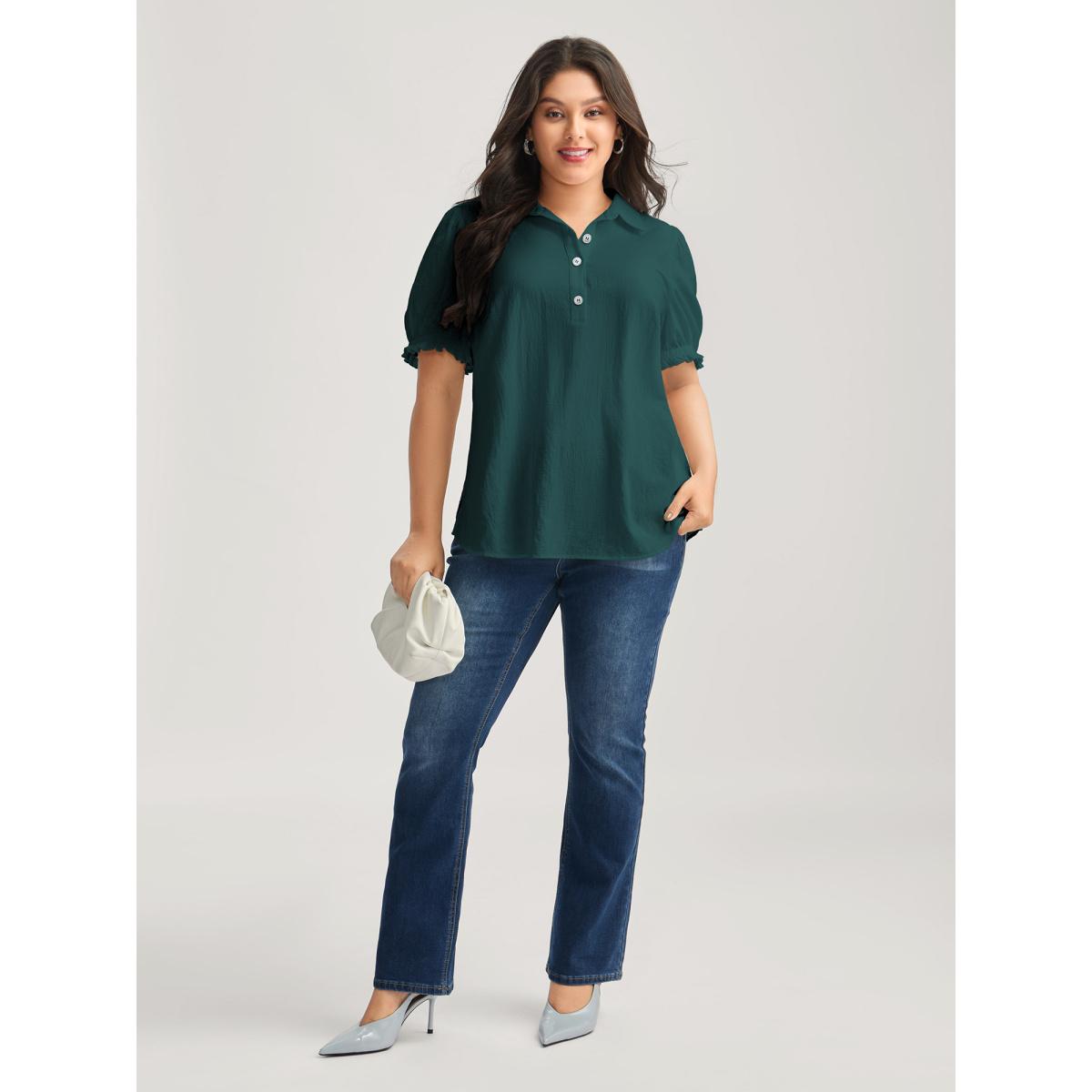 Plus Size Cyan Pure Cotton Ruffled Puffy Sleeve Blouse Women Office Short sleeve Shirt collar Office Blouses BloomChic 14-16/1X Product Image