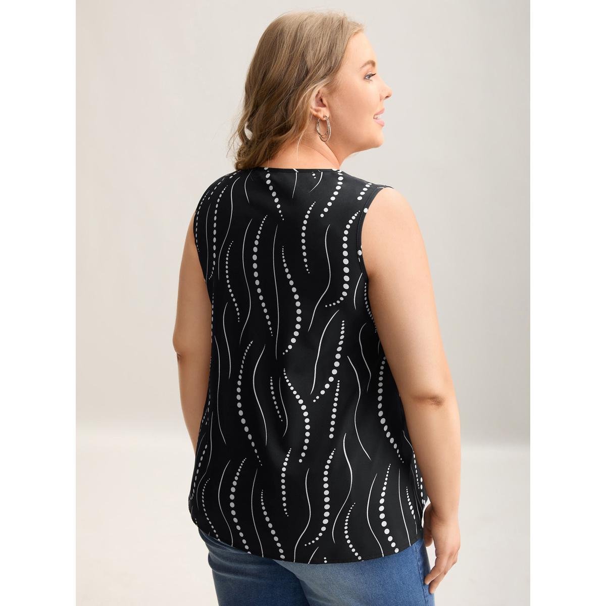 Plus Size Geometric Print Pleated Front Sleeveless Top Women Black Casual Pleated V-neck Everyday Tank Tops Camis BloomChic 22-24/3X Product Image