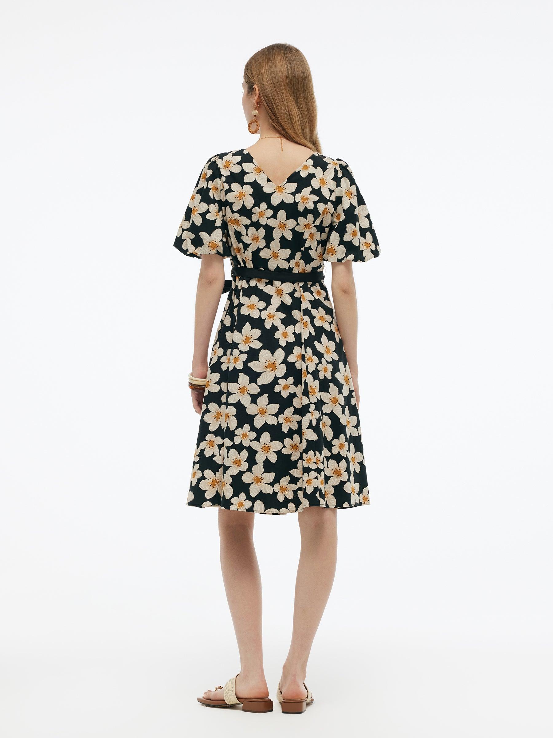 Cotton Stretch Floral Print Women Tie Belt Midi Dress Product Image