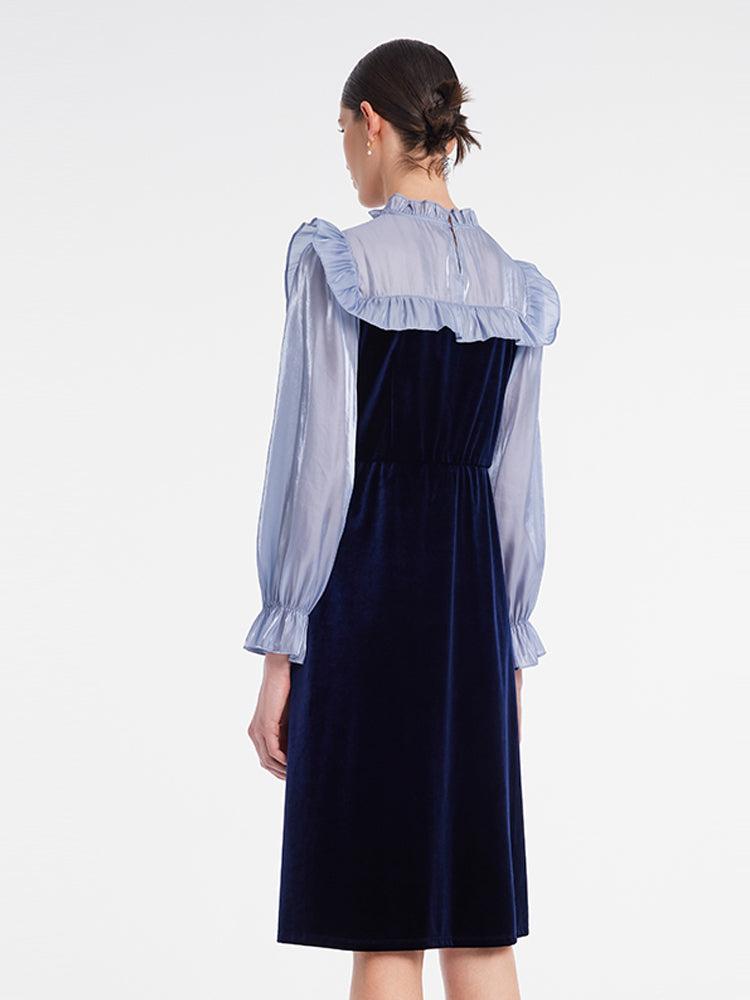 Ruffle Collar Velvet Patchwork Midi Collared Dress Product Image