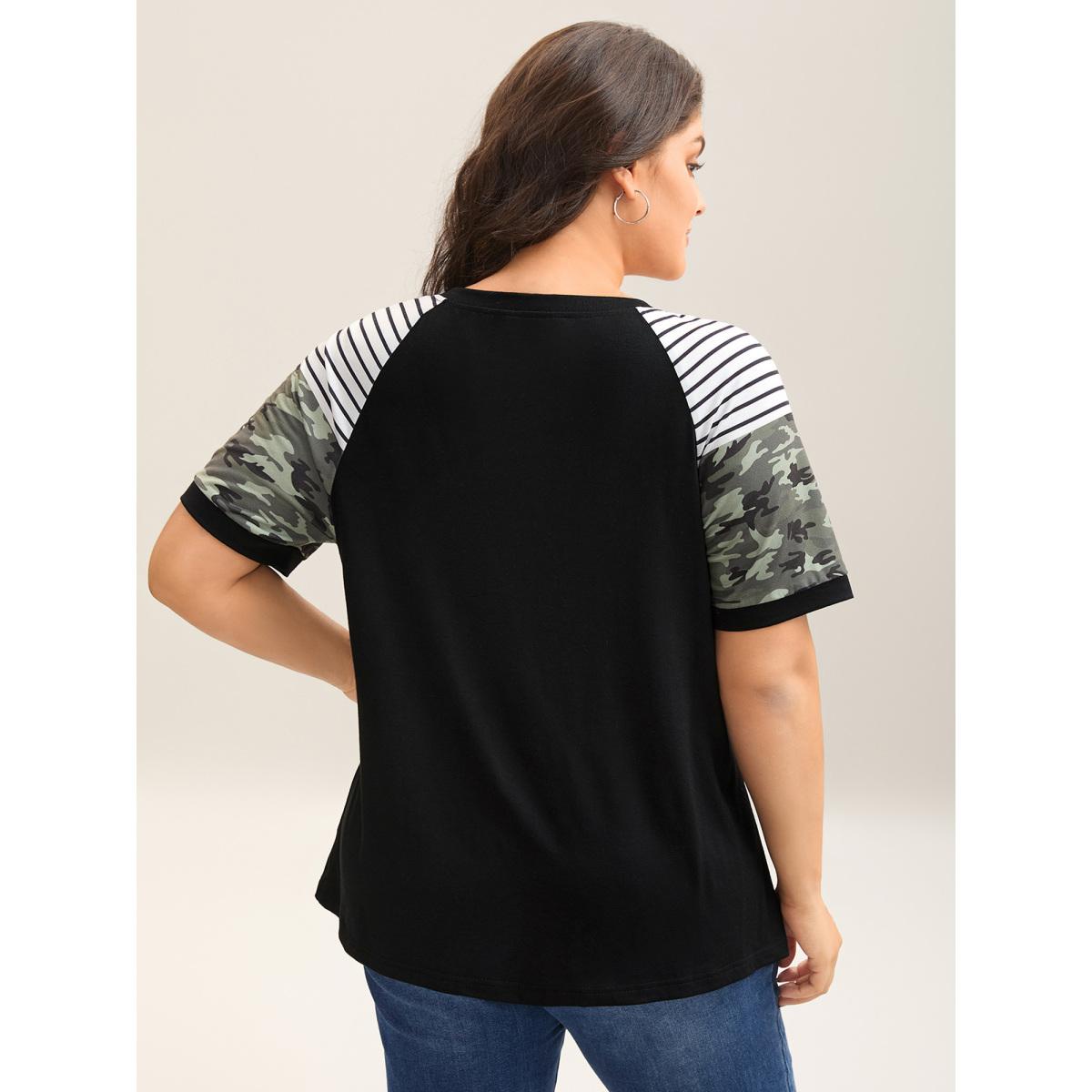 Plus Size Striped Camouflage Print Round Neck T-Shirt Black Women Contrast Round Neck Everyday-Casual T-shirts BloomChic 14-16/1X Product Image