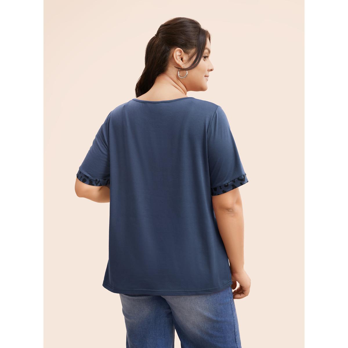 Plus Size V Neck Patchwork Leopard Print T-shirt Indigo Women Casual Contrast V-neck Everyday T-shirts BloomChic 14-16/1X Product Image