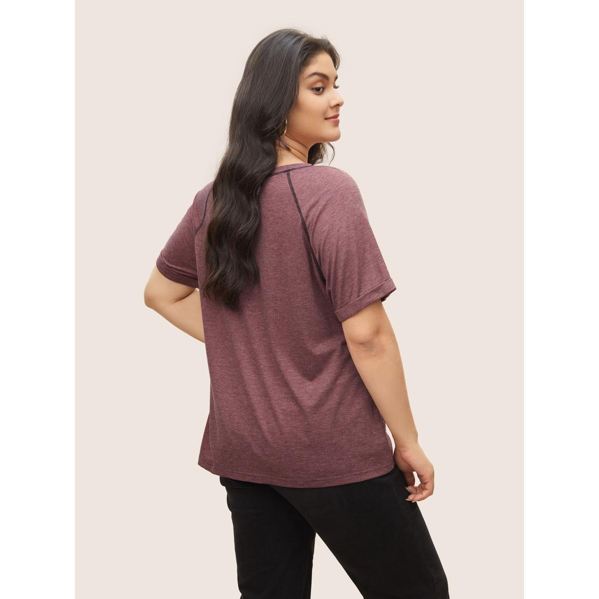 Plus Size Heather Contrast Stitch Raglan Sleeve T-shirt Russet Women Casual Contrast Round Neck Everyday T-shirts BloomChic 14-16/1X Product Image