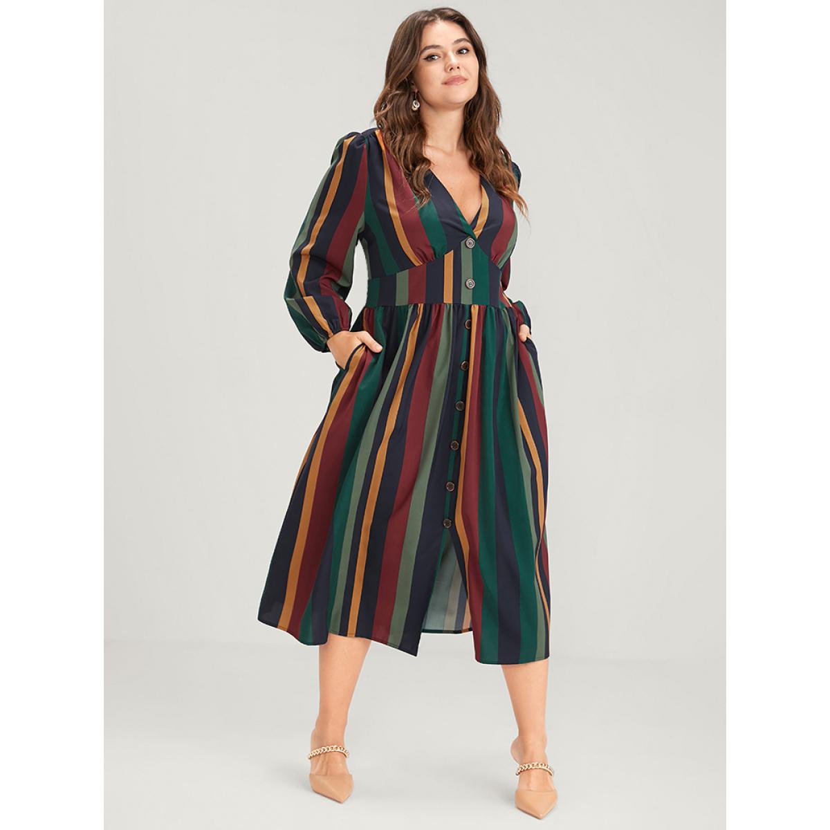 Plus Size Striped Lantern Sleeve Pocket Button Front Midi Dress Multicolor Women Vacation Printed V-neck Long Sleeve Curvy Midi Dress BloomChic 10/M Product Image