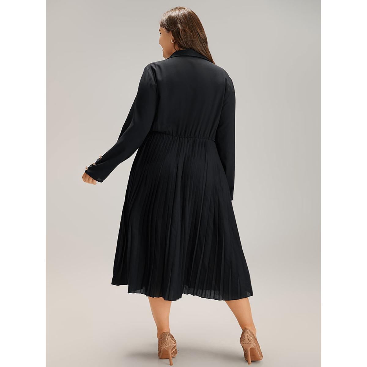 Plus Size Solid Shirt Collar Pleated Metal Detail Dress Black Women Office Plain Shirt collar Long Sleeve Curvy Midi Dress BloomChic 14-16/1X Product Image