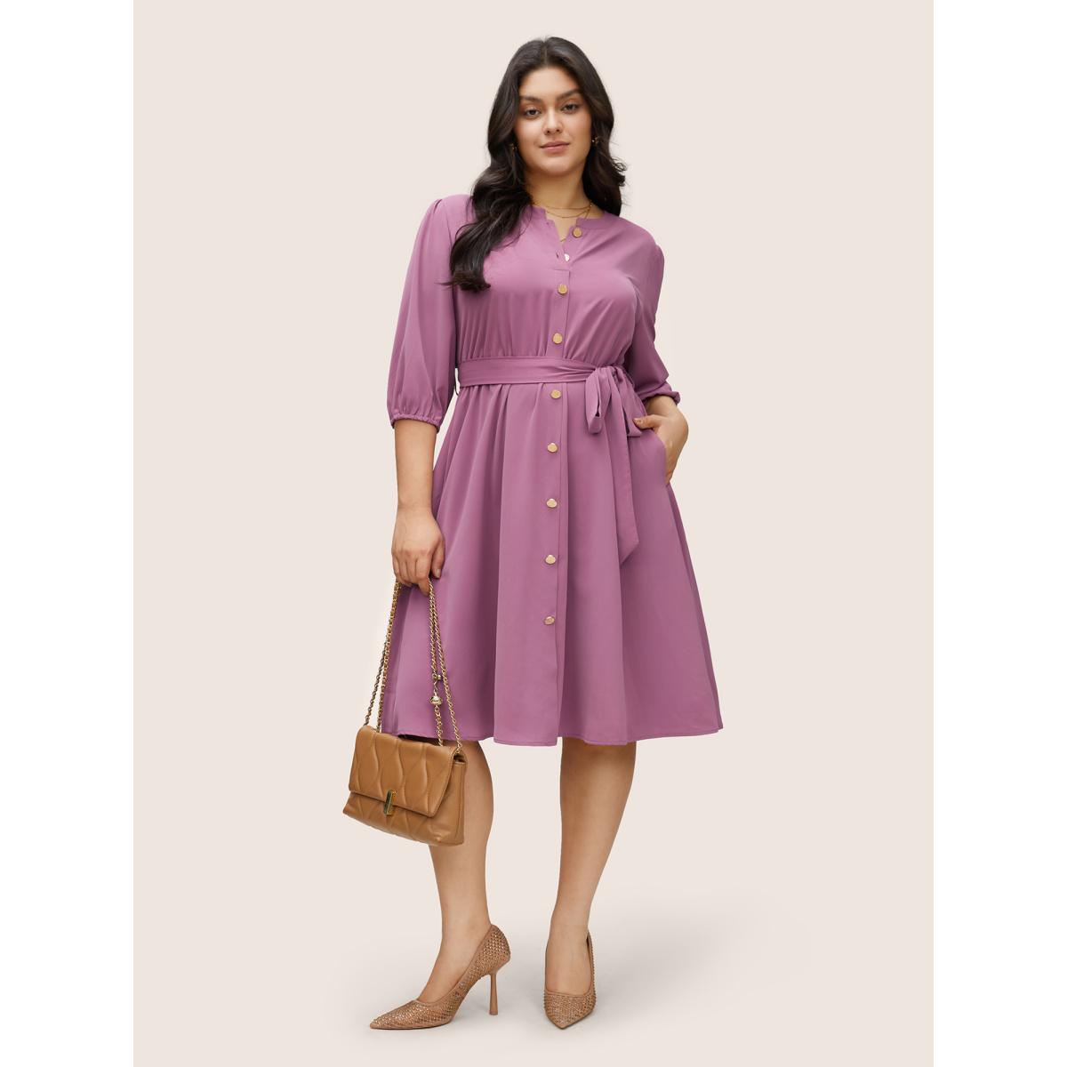 Plus Size Notched Button Through Elastic Waist Belted Dress Mauve Women At the Office Non Notched collar Elbow-length sleeve Curvy Midi Dress BloomChic 12/L Product Image