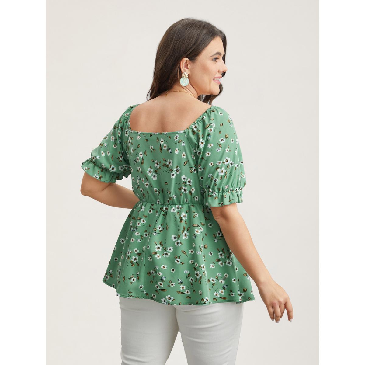 Plus Size Greenbean Floral Print Smocked Stretchy Waist Shirt Women Elegant Short sleeve Square Neck Everyday Blouses BloomChic 22-24/3X Product Image